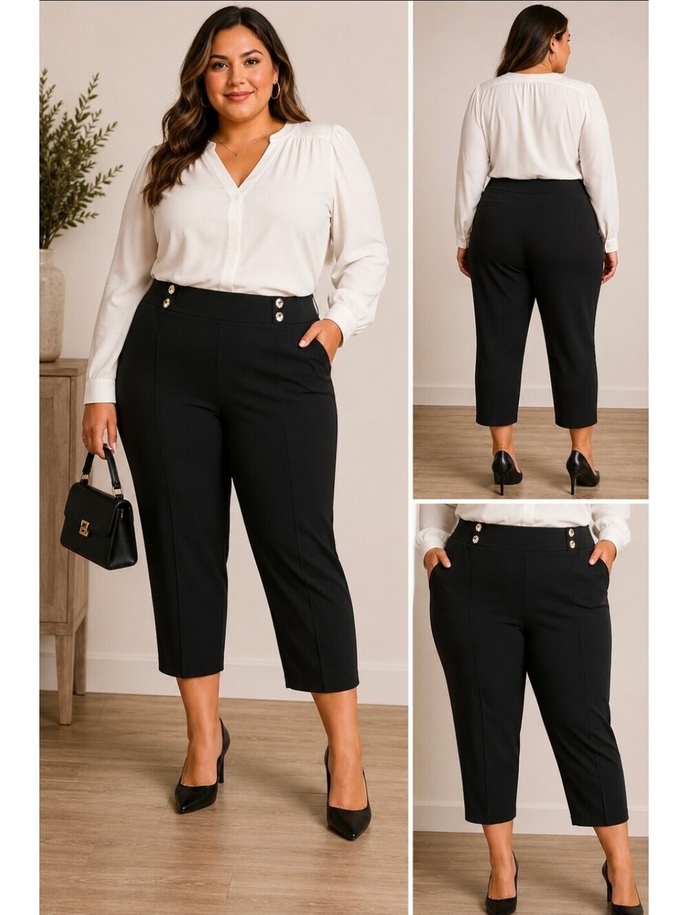Harper Women’s 3X Black Stretch Pants Crystal Button Pull On Cropped Plus Size